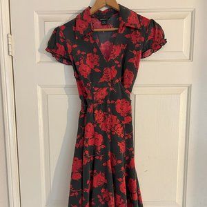 Flattering Black and Red Floral Silk Dress